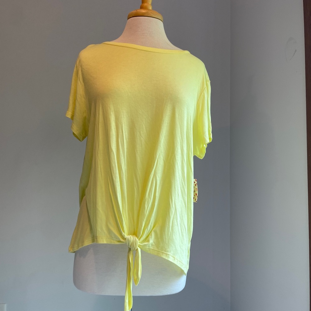 Free‎ Kisses Neon Yellow Tie-front Womens T Shirt XL Summer 80s Colorful
